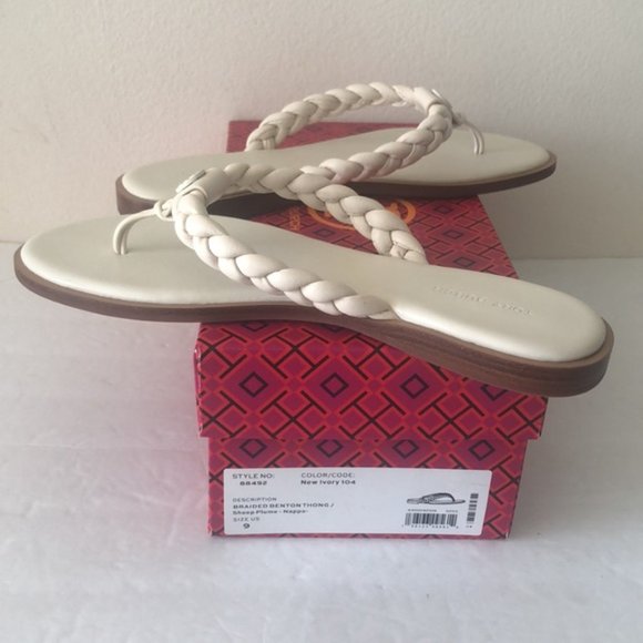 Tory Burch Ivory White Thong Braided Benton Sheep Plume Nappa Leather Sz.9 - Picture 11 of 16